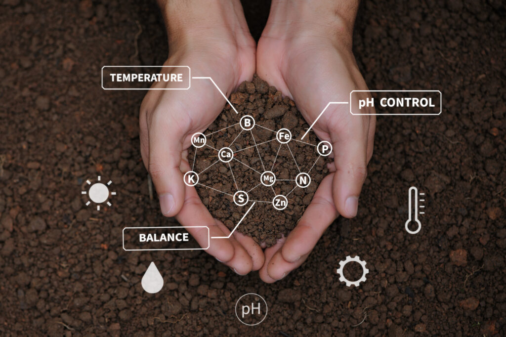 Vista superior del suelo en las manos para comprobar la calidad del suelo para el control de la calidad del suelo antes de la siembra de semillas. Concepto de agricultura del futuro. Agricultura inteligente, uso de tecnologías modernas en la agricultura.